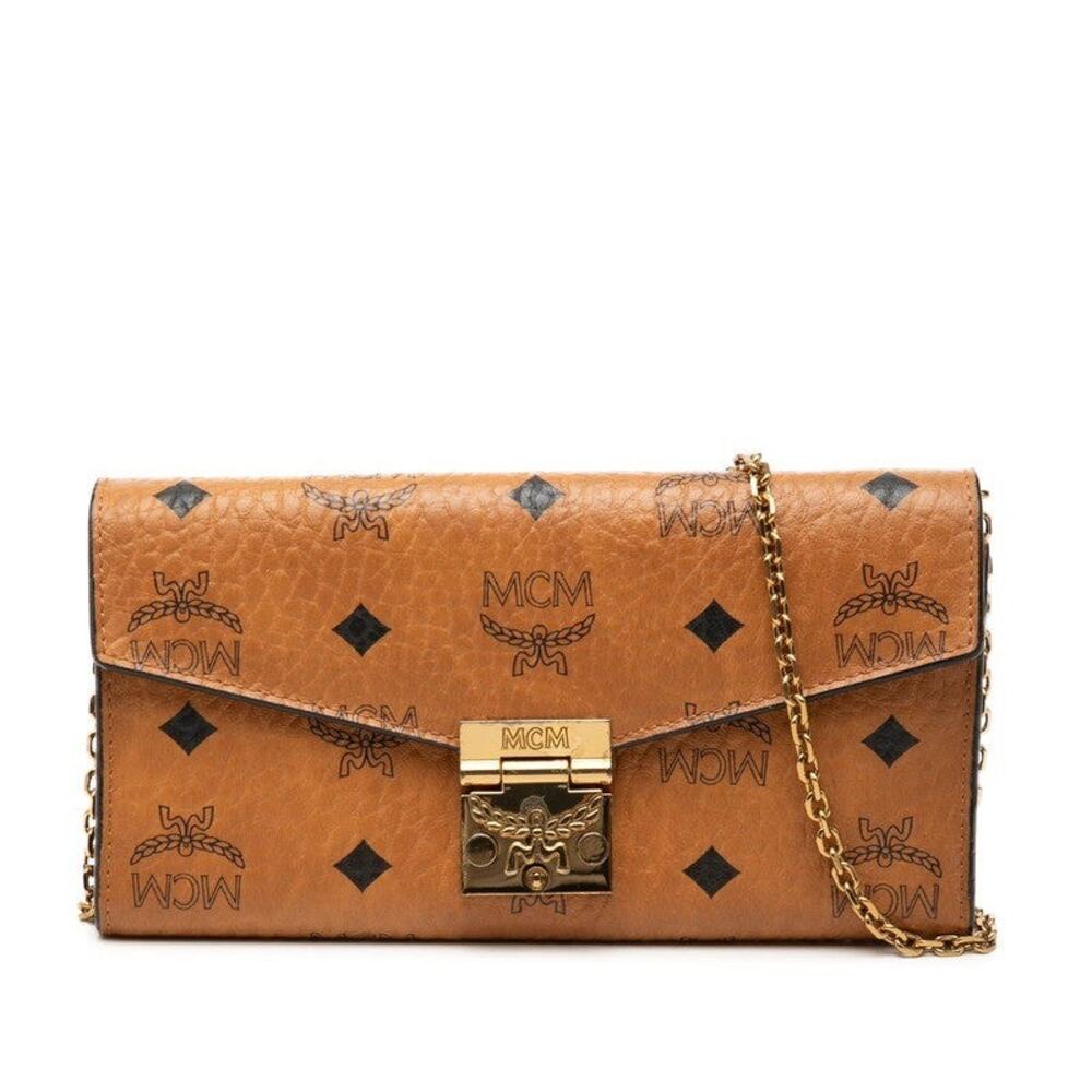 MCM Visetos Logogram Tracy Chain Crossbody Wallet Cognac Brown